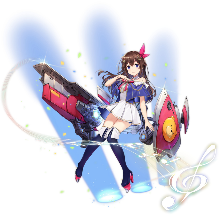 1girl adapted_costume amagai_tarou ankimo_(tokino_sora_channel) azur_lane bare_shoulders blue_eyes boots breasts brown_hair detached_collar dress flight_deck full_body glint hair_ornament hand_on_own_chest high_heel_boots high_heels highres hololive long_hair looking_at_viewer machinery off_shoulder official_art platform_footwear pleated_dress red_ribbon ribbon small_breasts smile solo star star_hair_ornament thigh-highs thigh_boots tokino_sora tokino_sora_channel transparent_background treble_clef white_dress zettai_ryouiki