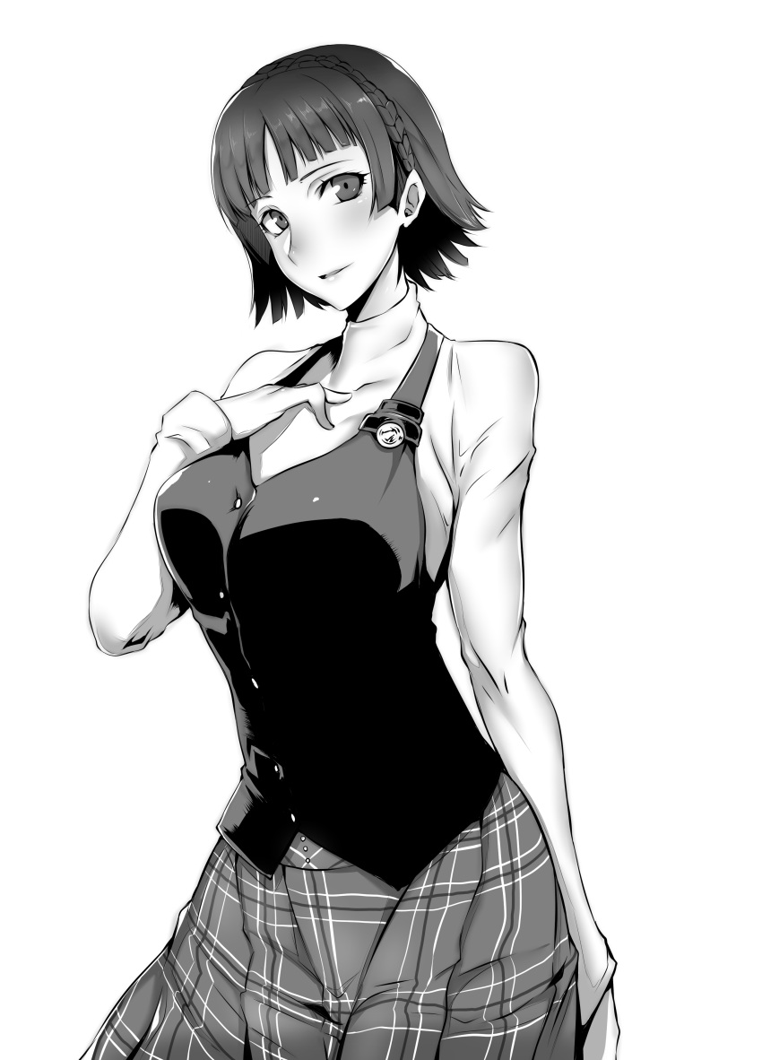 1girl absurdres braid eyebrows_visible_through_hair gggg highres long_sleeves looking_at_viewer monochrome niijima_makoto persona persona_5 plaid plaid_skirt short_hair simple_background skirt solo sweater turtleneck turtleneck_sweater white_background