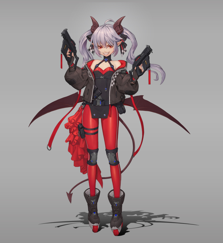 1girl bare_shoulders belt belt_pouch boots commentary_request demon_girl demon_horns demon_tail demon_wings dkxlek dual_wielding ear_piercing earrings fingerless_gloves flat_chest full_body gloves grey_background grey_hair grin gun hair_ribbon handgun highres holding horns jacket jewelry knee_pads korean_commentary leggings off_shoulder open_clothes open_jacket original piercing pointy_ears pouch ribbon roller_skates sharp_teeth skates smile solo tail teeth thigh_pouch thigh_strap tsurime twintails weapon wings