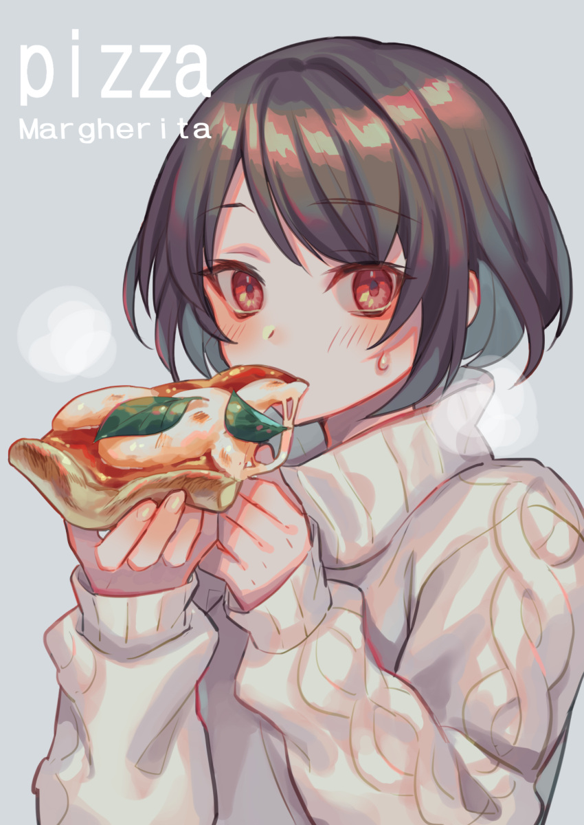 1girl aran_sweater black_hair blush cheese eating eyebrows_visible_through_hair food grey_background highres holding holding_food looking_at_viewer original pizza red_eyes short_hair simple_background sleeves_past_wrists slice_of_pizza solo steam sweat sweater turtleneck turtleneck_sweater white_sweater zoff_(daria)