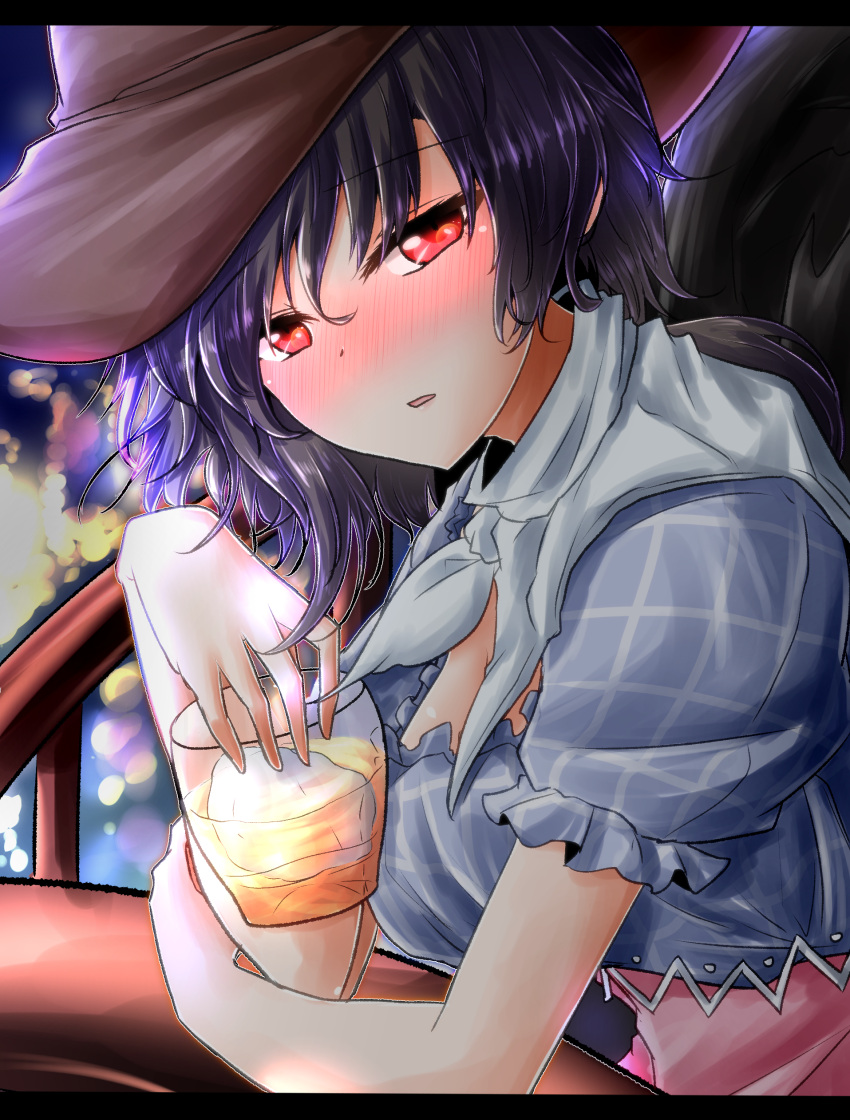 1girl absurdres bandana bangs black_hair black_wings blue_shirt blush breasts brown_headwear commentary_request cowboy_hat cup drinking_glass eyebrows_visible_through_hair hair_between_eyes hat highres ice kurokoma_saki large_breasts letterboxed looking_at_viewer nose_blush oshiaki parted_lips puffy_short_sleeves puffy_sleeves red_eyes shirt short_hair short_sleeves solo touhou upper_body wings