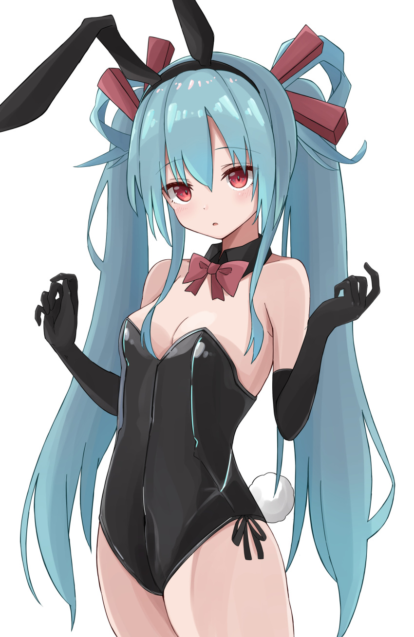 1girl animal_ears apron aqua_hair bare_shoulders beatmania beatmania_iidx black_leotard blush bow bowtie bunny_tail detached_collar ear_blush fake_animal_ears fake_tail hair_rings highres leotard long_hair looking_at_viewer maud maud0239 parted_lips playboy_bunny rabbit_ears red_eyes red_neckwear skin_tight solo strapless strapless_leotard surprised tail twintails waist_apron wing_collar