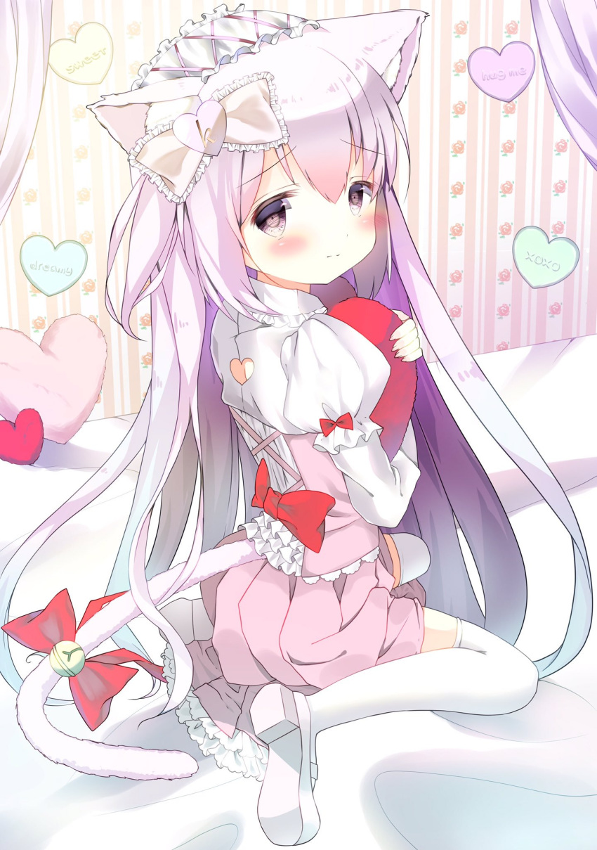 1girl alternate_costume animal_ear_fluff animal_ears azur_lane bangs bed bed_sheet bell blush bow canopy_bed cat_ears cat_tail closed_mouth commentary_request corset eyebrows_visible_through_hair fingernails frills from_behind hair_between_eyes hair_bow heart highres juliet_sleeves kisaragi_(azur_lane) long_fingernails long_hair long_sleeves looking_at_viewer mary_janes object_hug on_bed petticoat pink_bow pink_eyes pink_hair pink_skirt pleated_skirt puffy_sleeves red_bow ribbon shoes sidelocks sitting skirt tail tail_bell tail_ribbon thigh-highs very_long_hair wallpaper_(object) wariza white_footwear white_legwear yuru_(xxyuruxx)