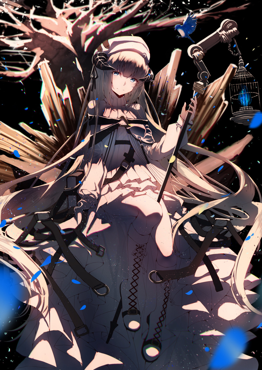 1girl animal arknights bangs beret bird birdcage blue_eyes blue_fire bluebird boots cage closed_mouth commentary cross-laced_footwear dress fire full_body hat highres holding knee_boots lace-up_boots light_brown_hair long_hair long_sleeves looking_at_viewer nightingale_(arknights) pleated_dress puffy_long_sleeves puffy_sleeves re:rin sidelocks sitting sleeves_past_wrists smile solo very_long_hair white_dress white_footwear white_headwear