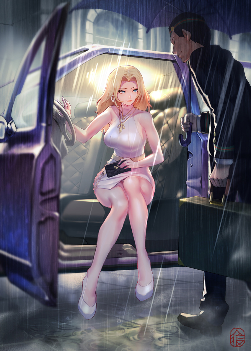 1boy 1girl absurdres bag bare_shoulders belt black_footwear blonde_hair blue_eyes breasts car character_request closed_eyes copyright_request dress earrings ground_vehicle handbag highres holding jewelry jinrou large_breasts long_hair looking_at_another motor_vehicle necklace novel_illustration panties pantyshot pantyshot_(sitting) rain shoes short_dress sitting smile suitcase turtleneck_dress umbrella underwear white_footwear white_panties