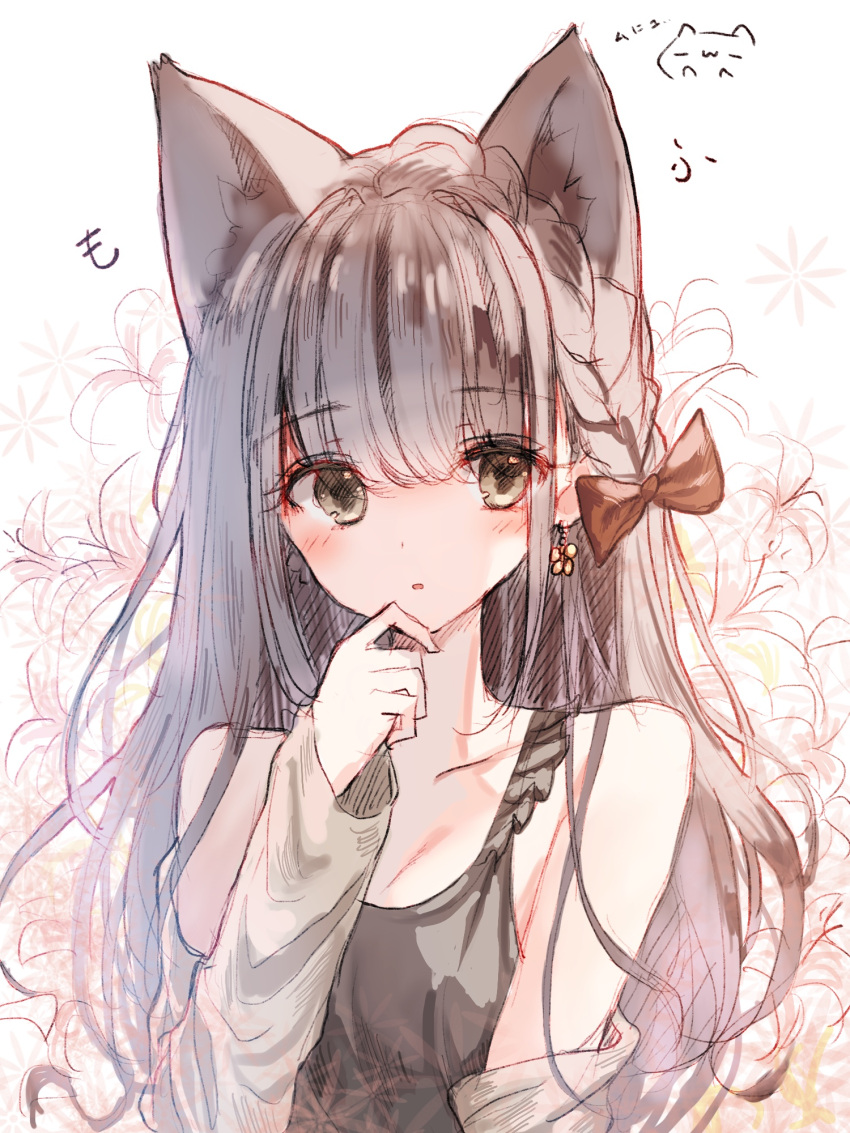 1girl :o animal_ears bangs bare_shoulders blush bow braid brown_eyes brown_hair collarbone earrings eyebrows_visible_through_hair floral_background flower_earrings fox_ears hair_bow hand_on_own_chin highres jewelry long_hair long_sleeves looking_at_viewer off_shoulder open_clothes parted_lips red_bow side_braid solo tandohark tank_top upper_body