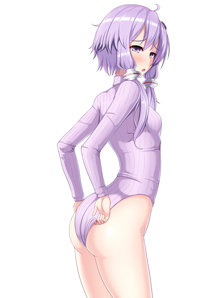 1girl adjusting_clothes adjusting_leotard ass commentary_request cowboy_shot embarrassed highres leotard long_sleeves looking_at_viewer low_twintails open_mouth purple_hair purple_leotard ribbed_sweater riki_(power_step) short_hair_with_long_locks simple_background solo sweater turtleneck_leotard twintails violet_eyes voiceroid white_background yuzuki_yukari
