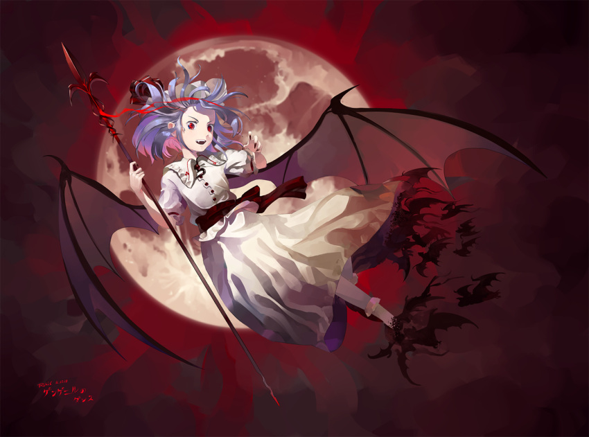 1girl animal artist_name bat bat_wings blue_hair bobby_socks buttons clouds cloudy_sky collar commentary dated dissolving dissolving_clothes evil_smile fading fang floating_hair flying frilled_collar frilled_shirt_collar frills full_moon hands_up hat hat_ribbon holding holding_spear holding_weapon lavender_hair long_skirt looking_at_viewer messy_hair mob_cap moon open_mouth paw_pose polearm puffy_short_sleeves puffy_sleeves red_background red_eyes red_nails red_ribbon red_sky remilia_scarlet ribbon riki6 sash shirt short_hair short_sleeves sidelocks skirt skirt_set sky smile socks solo spear spear_the_gungnir spread_wings title touhou vampire very_long_fingernails weapon white_headwear white_shirt white_skirt wings