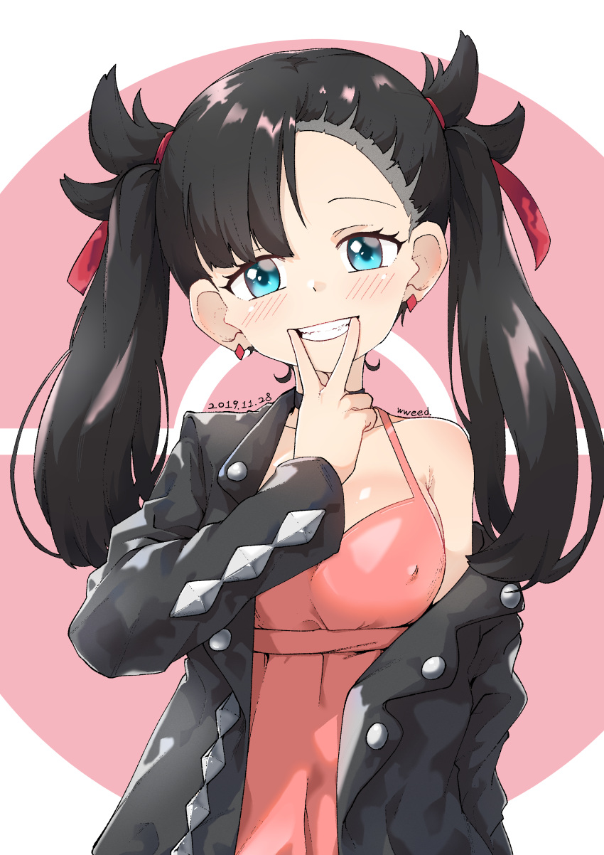 1girl absurdres aqua_eyes artist_name asymmetrical_bangs asymmetrical_hair bangs bare_shoulders black_hair black_jacket blush breasts choker commentary dated dress earrings finger_in_mouth grin hair_ribbon highres jacket jewelry long_sleeves looking_at_viewer mary_(pokemon) medium_breasts off-shoulder_jacket open_clothes pink_dress pokemon pokemon_(game) pokemon_swsh red_ribbon ribbon simple_background smile solo twintails wweed