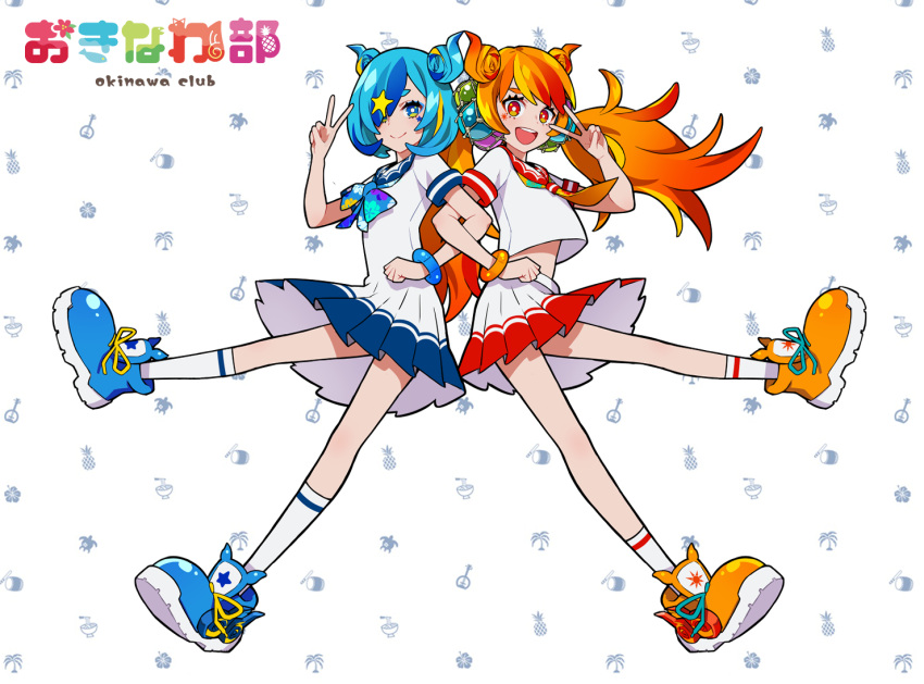 2girls :d bangs blonde_hair blue_bow blue_eyes blue_footwear blue_hair boots bow character_request commentary_request dress eyebrows_behind_hair floral_print hair_ornament hair_over_one_eye locked_arms long_hair multiple_girls okinawa_club open_mouth orange_footwear orange_hair orange_neckwear pleated_dress pleated_skirt print_bow ram_(ramlabo) red_eyes redhead round_teeth shirt short_sleeves skirt smile socks teeth thick_eyebrows twintails upper_teeth v very_long_hair virtual_youtuber white_background white_dress white_legwear white_shirt white_skirt