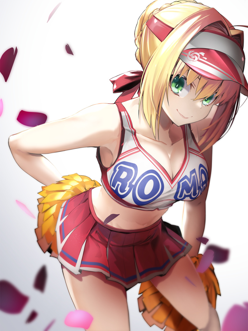 1girl ahoge alternate_costume bare_arms bare_shoulders breasts cheerleader closed_eyes closed_mouth clothes_writing collarbone crop_top fate/grand_order fate_(series) gradient gradient_background hair_bun hair_intakes hair_ribbon highres leaning_forward looking_at_viewer medium_breasts miniskirt navel nero_claudius_(fate) nero_claudius_(fate)_(all) nirai_kanai petals pink_headwear pleated_skirt pom_poms red_ribbon red_skirt ribbon short_hair sidelocks skirt sleeveless smile solo visor_cap white_background