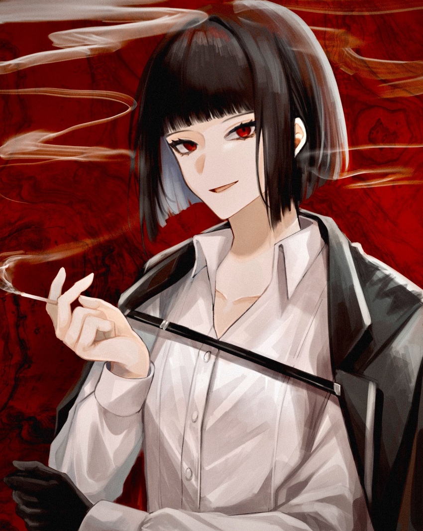 1girl black_coat black_gloves black_hair cigarette coat coat_on_shoulders gloves highres limbus_company looking_at_viewer open_mouth project_moon red_background red_eyes ryoshu sabayu_05 shirt short_hair single_glove smile smoke white_shirt