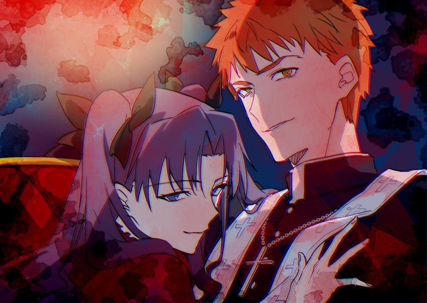 1boy 1girl black_hair blue_eyes couple emiya_shirou fate/hollow_ataraxia fate/stay_night fate_(series) highres karasaki love redhead smile tohsaka_rin toosaka_rin twintails type-moon unlimited_blade_works yellow_eyes