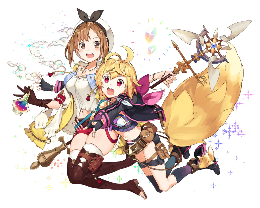 atelier_(series) atelier_ryza belt blonde_hair boots bottle bracelet brown_eyes brown_hair fingerless_gloves gloves hair_ornament hairclip hat highres holding holding_bottle holding_staff jacket jewelry long_sleeves necklace open_clothes open_jacket open_mouth potion red_eyes reisalin_stout short_shorts shorts sparkle staff star star_necklace thigh-highs thigh_boots toeless_legwear transparent_background