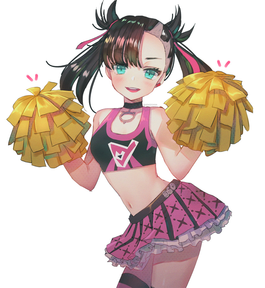 1girl asymmetrical_bangs bangs bare_arms bare_shoulders black_hair black_shirt blue_eyes breasts cheerleader choker cowboy_shot crop_top earrings frilled_skirt frills hanato_(seonoaiko) hands_up highres holding_pom_poms jewelry long_hair looking_at_viewer mary_(pokemon) midriff miniskirt navel open_mouth pink_skirt pleated_skirt pokemon pokemon_(game) pokemon_swsh shirt simple_background skirt sleeveless sleeveless_shirt small_breasts smile solo thigh-highs twintails white_background zettai_ryouiki