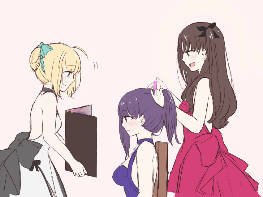 ai_ppone artoria_pendragon_(all) black_hair blonde_hair dress fate/stay_night fate_(series) green_eyes highres matou_sakura purple_dress purple_hair red_dress saber smile toosaka_rin twintails white_dress