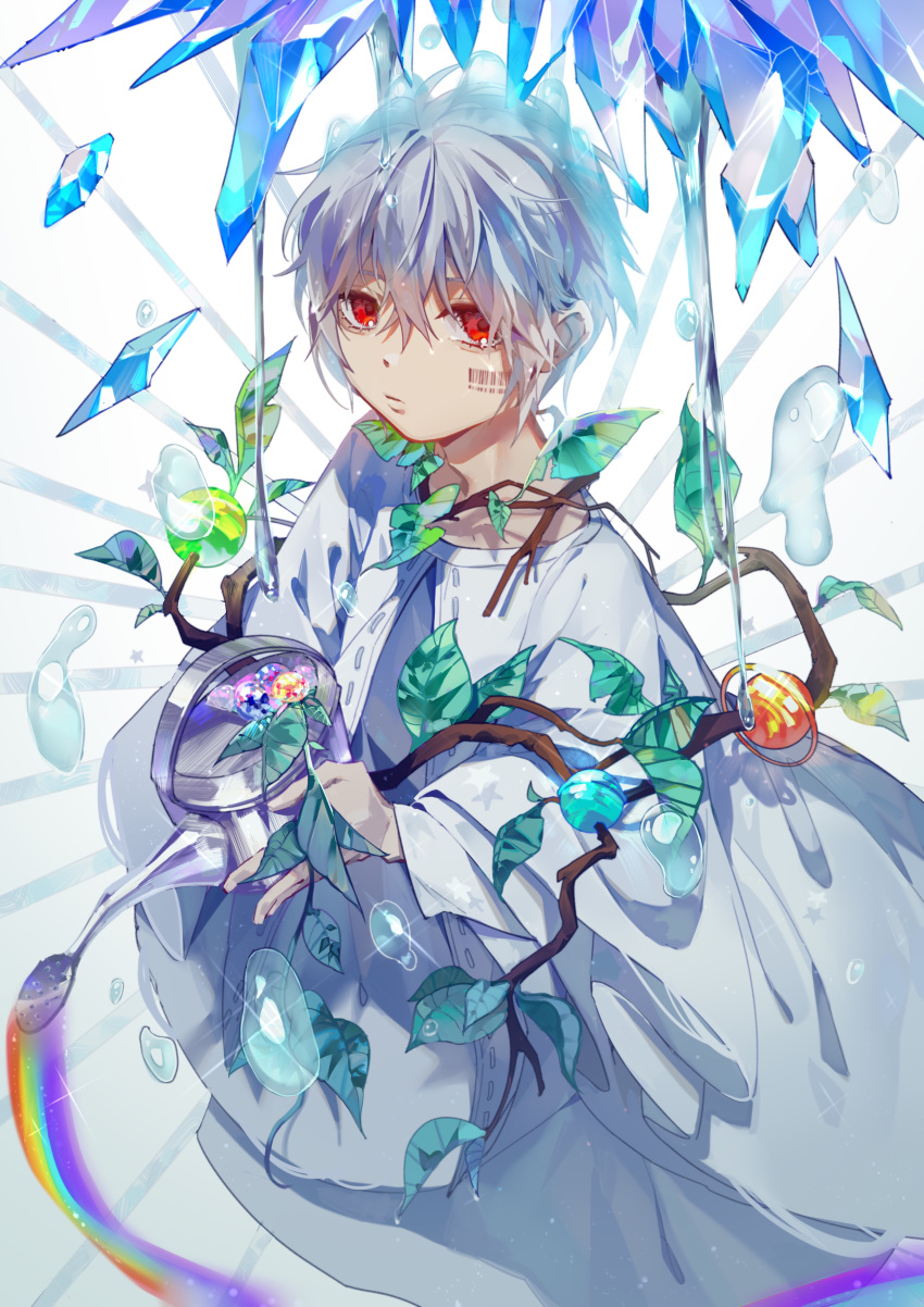 1boy absurdres barcode_tattoo branch crystal droplet glint highres looking_at_viewer mafumafu male_focus niconico orb rainbow red_eyes ribbon_trim solo standing tattoo water_drop watering_can white_background white_hair wide_sleeves yukikohuang