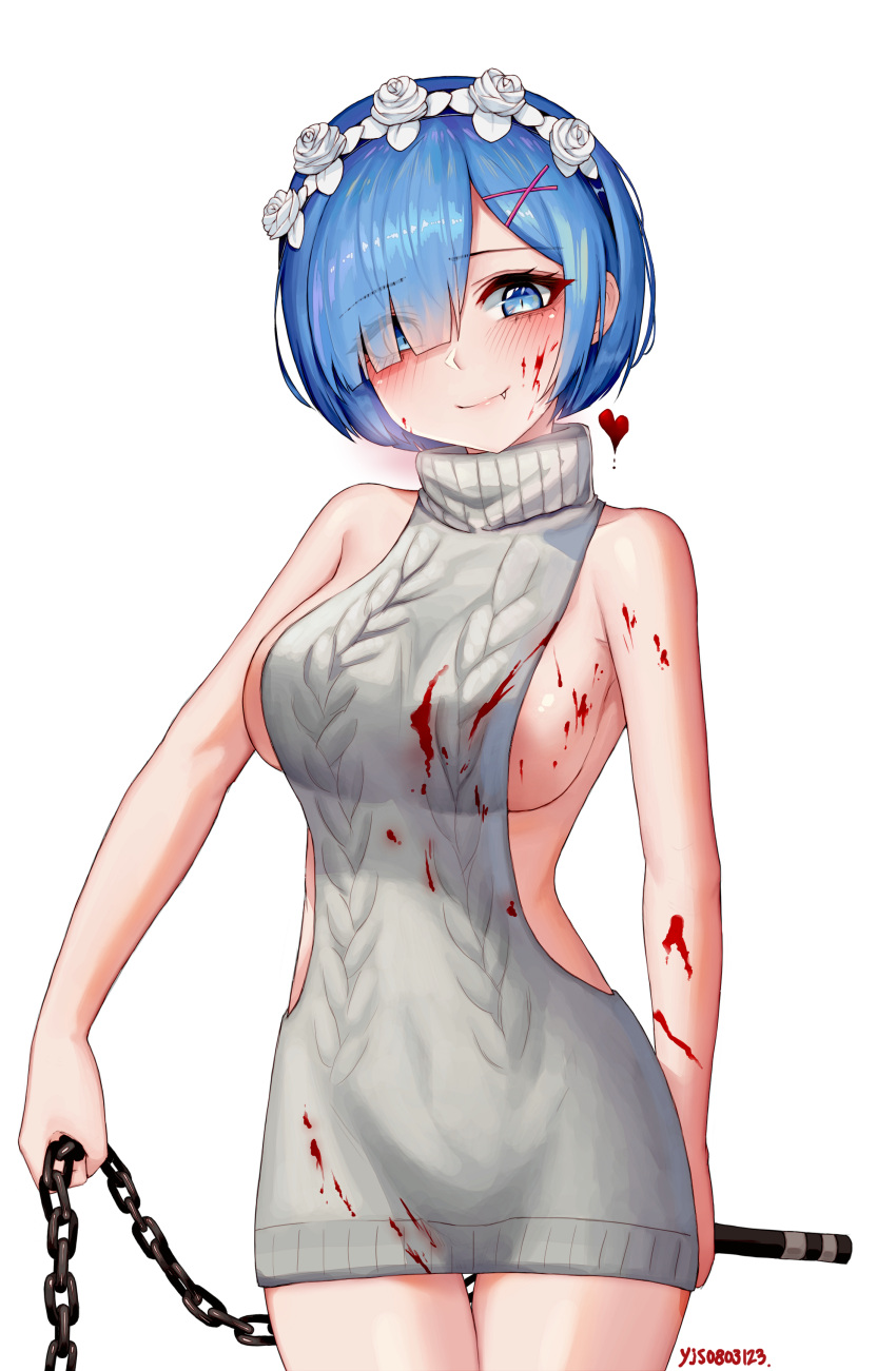 1girl absurdres artist_name blood blood_on_arm blood_on_breasts blood_on_face bloody_clothes blue_eyes blue_hair breasts chain closed_mouth eyebrows_visible_through_hair eyes_visible_through_hair fang grey_sweater hair_ornament hair_over_one_eye highres holding holding_weapon looking_at_viewer maid_headdress medium_breasts meme_attire re:zero_kara_hajimeru_isekai_seikatsu rem_(re:zero) simple_background smile solo sweater turtleneck turtleneck_sweater virgin_killer_sweater weapon white_background x_hair_ornament yjs0803123