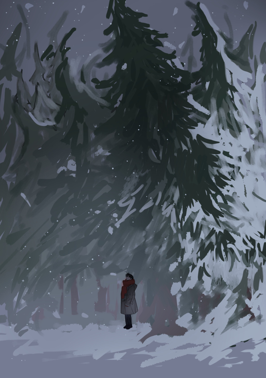 1boy absurdres black_eyes black_footwear black_hair black_legwear choipico forest gloves highres jacket looking_up nature original outdoors pine_tree red_gloves red_scarf scarf snow snowing solo standing tree winter_clothes