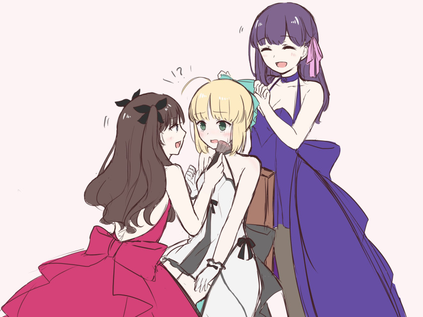 ai_ppone artoria_pendragon_(all) black_hair blonde_hair dress fate/stay_night fate_(series) green_eyes highres matou_sakura purple_dress purple_hair red_dress saber smile toosaka_rin twintails white_dress