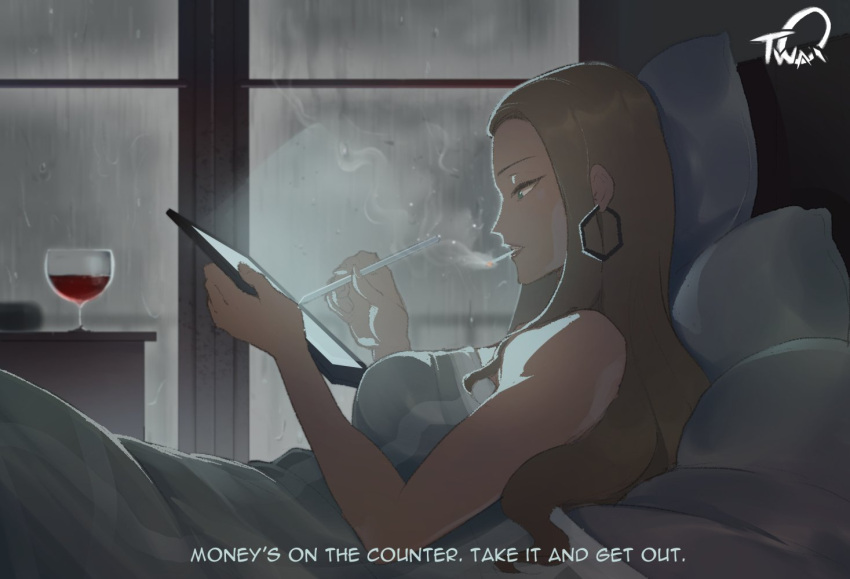 1girl after_sex alcohol blue_eyes breasts brown_hair cigarette cup drinking_glass earrings english_text forehead hoop_earrings jewelry lips looking_away mature medium_breasts naked_sheet nyantcha olive_(pokemon) pokemon pokemon_(game) pokemon_swsh pov rain screen_light smoke smoking solo stylus subtitled tablet_pc wine wine_glass