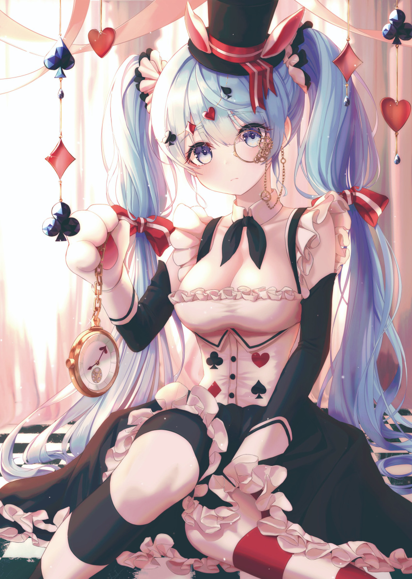 1girl absurdres alice_in_wonderland animal_ears bbeedol black_skirt blue_eyes blue_hair breasts bunny_paws checkered checkered_floor club_(shape) club_hair_ornament commentary cosplay curtains detached_collar diamond_(shape) diamond_hair_ornament dress english_commentary expressionless framed_breasts frilled_dress frilled_skirt frills hair_ornament hat hatsune_miku heart heart_hair_ornament heart_print highres holding_pocket_watch large_breasts long_hair looking_at_viewer mismatched_legwear monocle pocket_watch rabbit_ears sitting skirt solo spade_(shape) spade_hair_ornament striped striped_legwear symbol_commentary top_hat twintails very_long_hair vocaloid watch white_rabbit white_rabbit_(cosplay)
