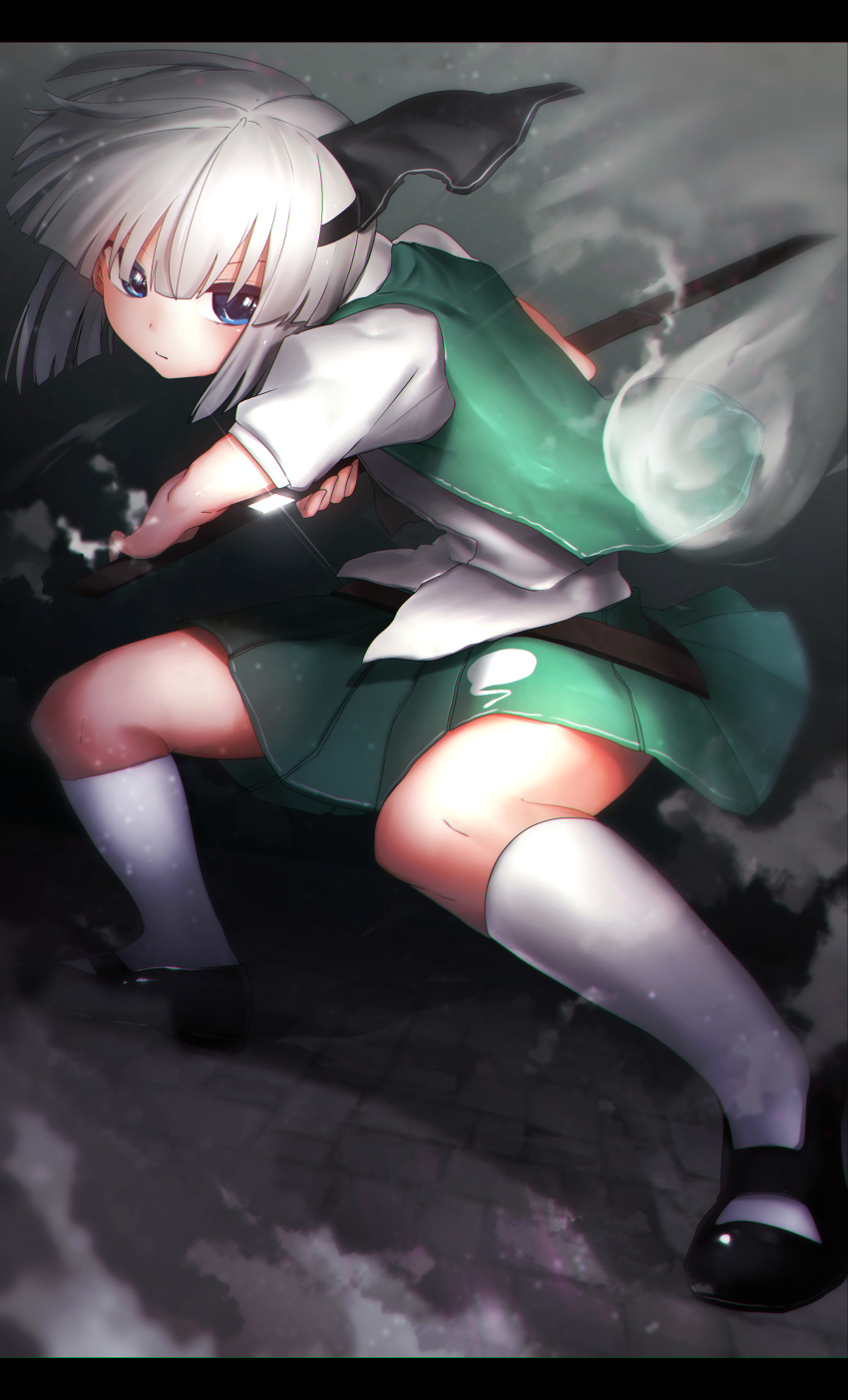 1girl absurdres back bangs belt blue_eyes highres holding holding_sword holding_weapon kneehighs konpaku_youmu mary_janes niwarizumu pleated_skirt sheath shoes short_hair silver_hair skirt solo squatting sword touhou unsheathing vest weapon white_legwear