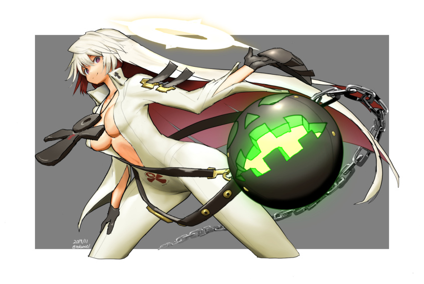 1girl ankh black_gloves breasts chain covered_nipples dated gloves grey_background guilty_gear guilty_gear_xrd highres holding holding_mask jack-o'_valentine long_hair mask mask_removed multicolored multicolored_hair navel redhead smile solo twitter_username two-tone_background violet_eyes white_background white_hair zaki_(narashigeo)