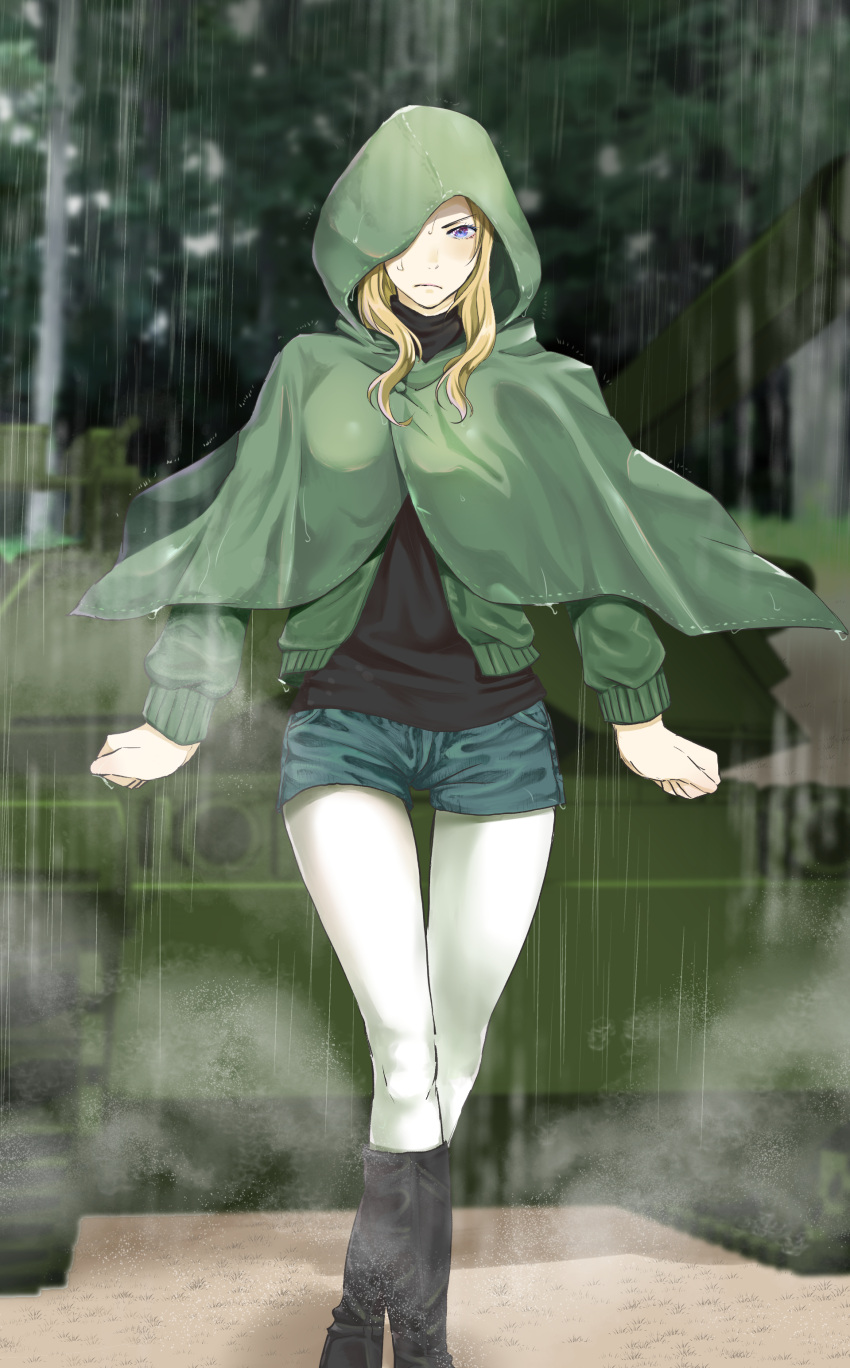 1girl absurdres black_footwear black_shirt blonde_hair blue_eyes blue_shorts blurry blurry_background boots clenched_hands closed_mouth day denim denim_shorts depth_of_field frown girls_und_panzer green_jacket ground_vehicle highres hood hood_up jacket kay_(girls_und_panzer) knee_boots legwear_under_shorts long_hair long_sleeves looking_at_viewer m4_sherman military military_vehicle motor_vehicle open_clothes open_jacket outdoors pantyhose rain raincoat saunders_military_uniform shirt short_shorts shorts solo standing tank thigh_gap touma_(tsunamiharuru) tree white_legwear