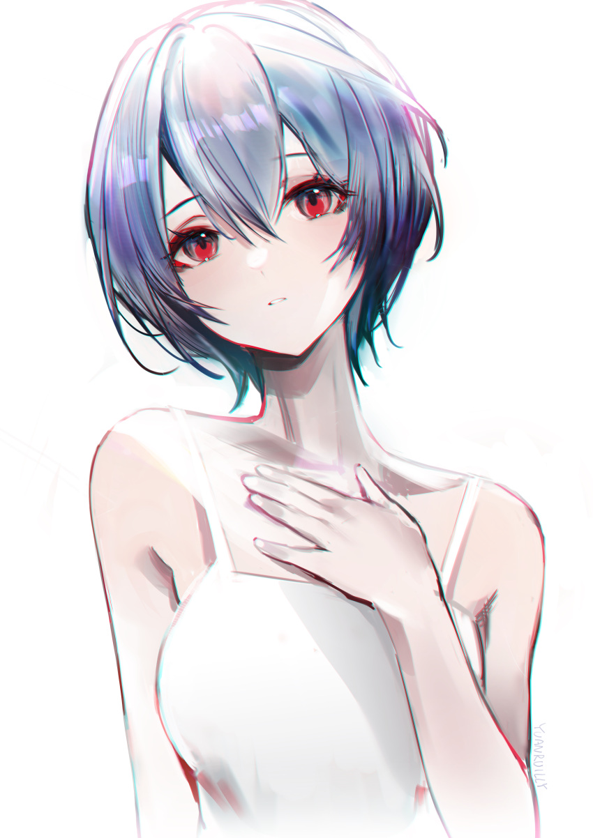 absurdres artist_name ayanami_rei bangs bare_shoulders blue_hair breasts chinese_commentary collarbone commentary dress hair_between_eyes hand_on_own_chest head_tilt highres kiji_(yuanruiy) medium_breasts neon_genesis_evangelion parted_lips red_eyes short_hair signature simple_background sundress upper_body white_background white_dress