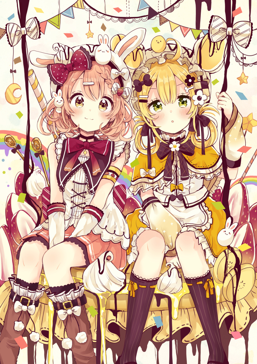2girls :3 :o absurdres ahoge animal animal_ears animal_hat animal_on_head banana banana_slice bangs bear_ears bear_hat between_legs black_legwear blonde_hair blush boots bow braid brown_eyes brown_footwear brown_hair brown_skirt bunny_hat bunny_on_head closed_mouth commentary_request crescent eyebrows_visible_through_hair fake_animal_ears feet_out_of_frame food fruit gloves green_eyes hair_between_eyes hair_bow hair_ornament hairclip hand_between_legs hat highres knee_boots kneehighs multiple_girls on_head original pancake parted_lips pennant pleated_skirt polka_dot polka_dot_bow rabbit rabbit_ears red_bow ribbon-trimmed_capelet ribbon_trim sakura_oriko shirt sitting sketch skirt smile star string_of_flags whipped_cream white_bow white_gloves white_headwear white_shirt yellow_capelet