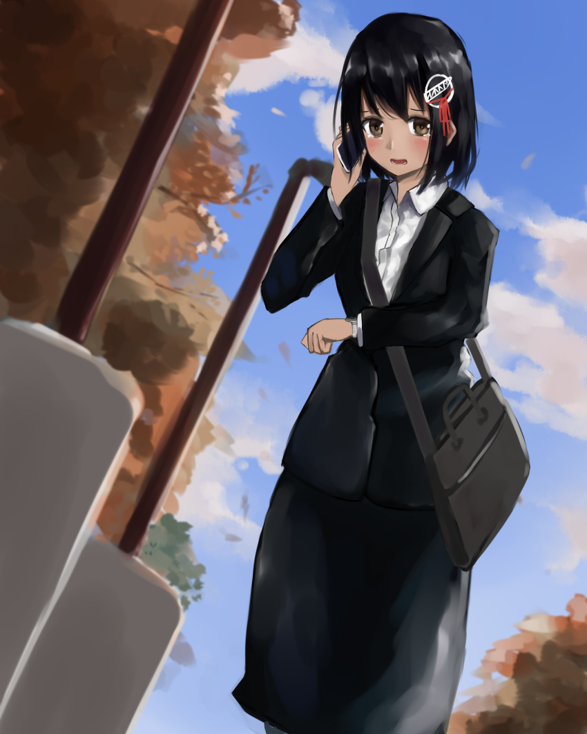 1girl 73suke absurdres alternate_costume autumn bag black_hair black_skirt black_suit blue_sky blush bob_cut brown_eyes business_suit cellphone clouds commentary_request day dress_shirt dutch_angle formal from_below furrowed_eyebrows haguro_(kantai_collection) hair_ornament handbag hands_up highres holding holding_phone kantai_collection lamppost light_frown looking_at_viewer looking_at_watch office_lady outdoors pencil_skirt phone shirt short_hair skirt skirt_suit sky smartphone solo suit talking_on_phone tearing_up tree white_shirt