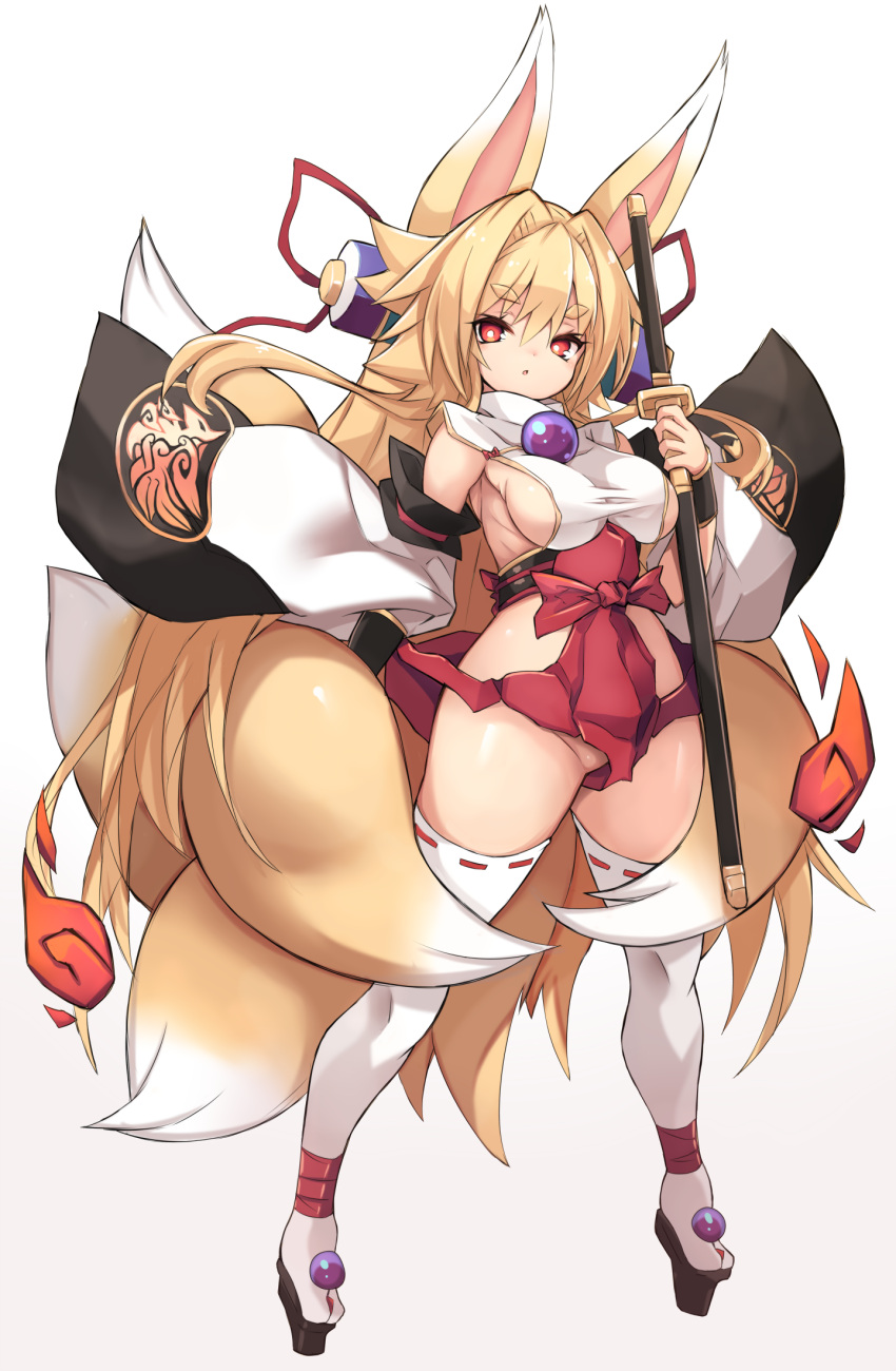 1girl :o animal_ears blonde_hair breasts commentary_request detached_sleeves eyebrows_visible_through_hair fox_ears fox_tail full_body gradient gradient_background highres holding holding_sword holding_weapon izuna_(shinrabanshou) karukan_(monjya) katana long_hair looking_at_viewer medium_breasts multiple_tails red_eyes shinrabanshou sideboob solo standing sword tail thick_eyebrows thigh-highs weapon white_background white_legwear wide_sleeves