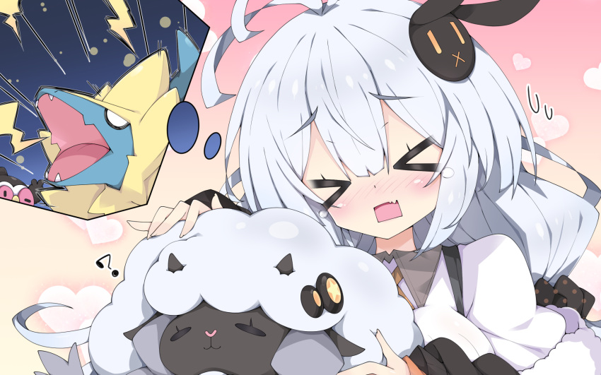 &gt;_&lt; 1girl ? antenna_hair bangs black_jacket blush braid breasts bunny_hair_ornament character_request claydol closed_eyes commentary_request crossover eyebrows_visible_through_hair facing_viewer fang gen_3_pokemon gen_8_pokemon hair_between_eyes hair_ornament heart highres jacket kizuna_akari large_breasts lightning_bolt long_hair long_sleeves manectric milkpanda nose_blush off_shoulder open_mouth pokemon pokemon_(creature) pokemon_(game) pokemon_swsh shirt silver_hair sweat thought_bubble twin_braids voiceroid white_shirt wooloo