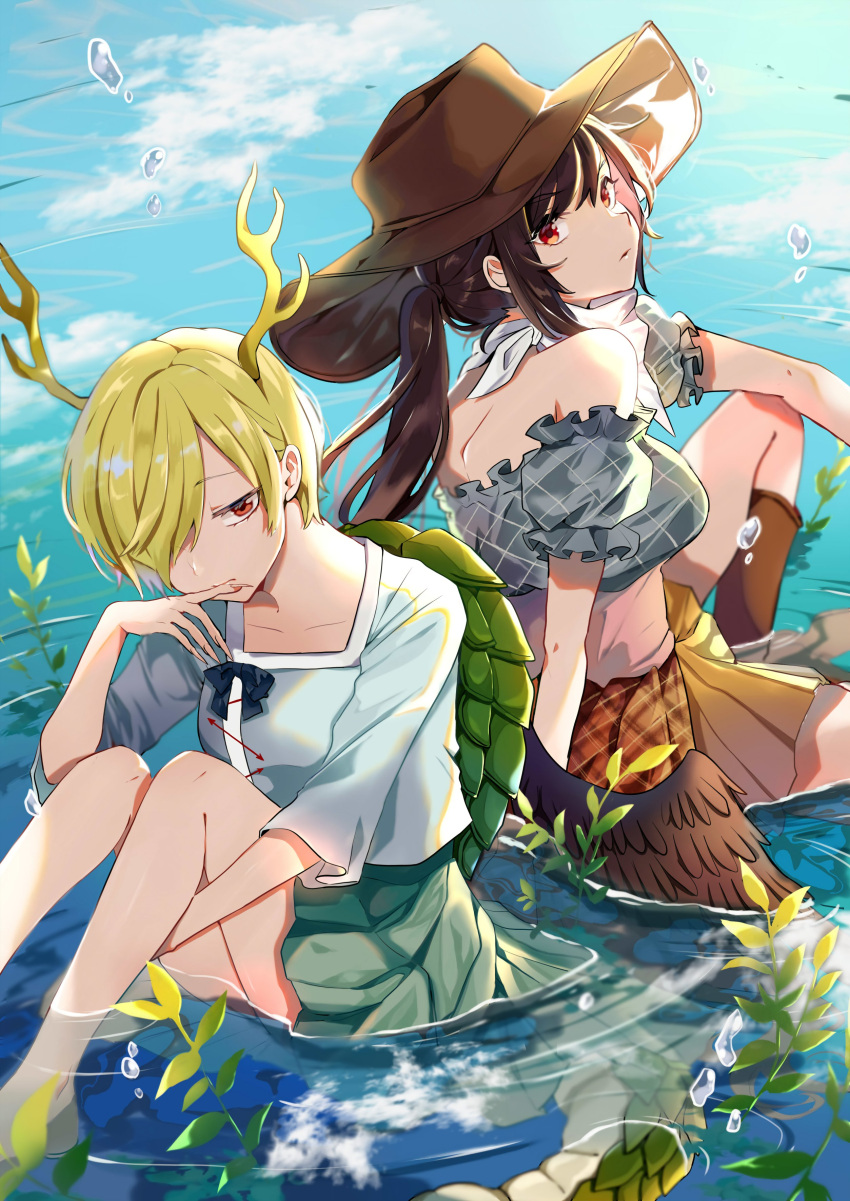 2girls absurdres bandana bangs bare_shoulders barefoot black_hair blonde_hair blue_shirt blue_sky boots breasts brown_footwear brown_headwear brown_skirt clouds commentary_request cowboy_hat day dragon_horns eyebrows_visible_through_hair feet_out_of_frame green_skirt hair_over_one_eye hand_up hat head_tilt highres horns kicchou_yachie knee_up knees_up kurokoma_saki long_hair long_sleeves looking_at_viewer medium_breasts miniskirt multiple_girls off-shoulder_shirt off_shoulder outdoors plaid ponytail puffy_short_sleeves puffy_sleeves red_eyes reflection satoupote shirt short_hair short_sleeves sidelocks sitting skirt sky touhou water