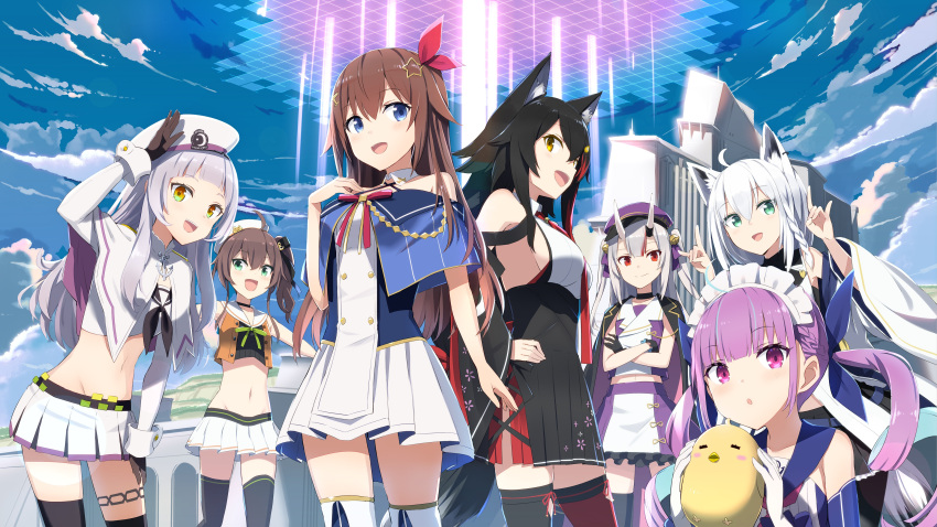 6+girls absurdres ahoge animal_ear_fluff animal_ears armpits asymmetrical_legwear azur_lane bangs bare_shoulders bell between_breasts bird black_bow black_collar black_gloves black_hair black_legwear blue_eyes blue_hair blue_sky blush bow braid breasts brown_hair buttons capelet chick clouds collar cowboy_shot crop_top crossed_arms detached_sleeves fisheye fox_girl fox_shadow_puppet gloves green_eyes groin hair_bell hair_between_eyes hair_bow hair_ornament hair_ribbon hairclip hand_on_own_chest hands_on_hips hat highres holding hololive horn_ribbon japanese_clothes jingle_bell leaning_forward legband long_hair long_sleeves looking_at_viewer maid_headdress manjuu_(azur_lane) minato_aqua miniskirt mismatched_legwear multicolored multicolored_eyes multicolored_hair multiple_girls murasaki_shion nakiri_ayame natsuiro_matsuri navel necktie necktie_between_breasts official_art oni oni_horns ookami_mio open_mouth outdoors outstretched_arms parted_lips pleated_skirt purple_hair purple_headwear red_eyes red_legwear red_neckwear redhead ribbon sailor_collar sailor_hat salute shirakami_fubuki side_ponytail sideboob silver_hair skirt sky sleeveless smile star star_hair_ornament streaked_hair tail thigh-highs tokino_sora tokino_sora_channel two-tone_hair violet_eyes virtual_youtuber white_gloves white_hair white_headwear white_legwear white_skirt wide_sleeves wolf_ears wolf_tail yellow_eyes