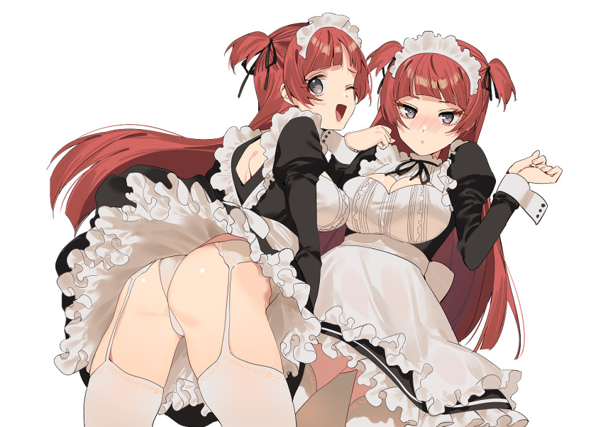 2girls 2l_(2lsize) apron ass bangs black_dress blush breasts commentary_request dress frilled_dress frills garter_belt grey_eyes juliet_sleeves large_breasts long_hair long_sleeves looking_at_viewer maid maid_apron maid_headdress multiple_girls one_eye_closed open_mouth original panties puffy_sleeves redhead simple_background thigh-highs two_side_up underwear waist_apron white_background white_legwear white_panties