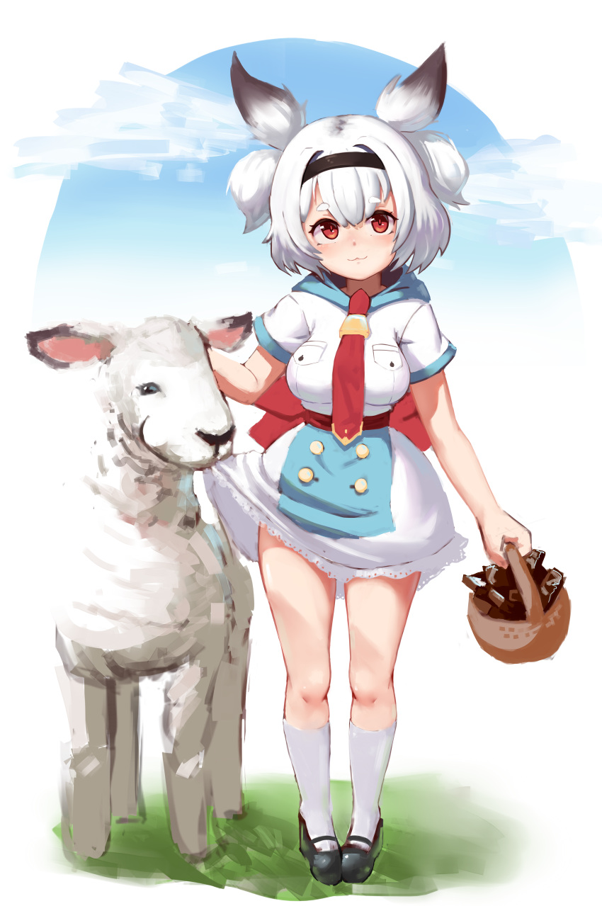 1girl :3 absurdres ascot basket blush breasts candy chocolate chocolate_bar dress food full_body greentree hair_between_eyes hairband highres large_breasts last_origin looking_at_viewer mary_janes quad_tails red_eyes shoes short_hair smile socks solo t-13_alvis white_hair white_legwear