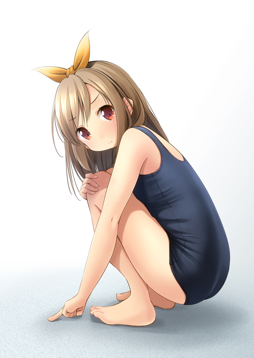 &gt;:( 1girl ass bangs bare_arms bare_legs bare_shoulders barefoot black_swimsuit blush brown_hair closed_mouth commentary_request eyebrows_visible_through_hair gradient gradient_background grey_background hair_between_eyes hair_ribbon highres long_hair looking_at_viewer looking_to_the_side one-piece_swimsuit original red_eyes ribbon shibacha solo squatting swimsuit v-shaped_eyebrows white_background yellow_ribbon