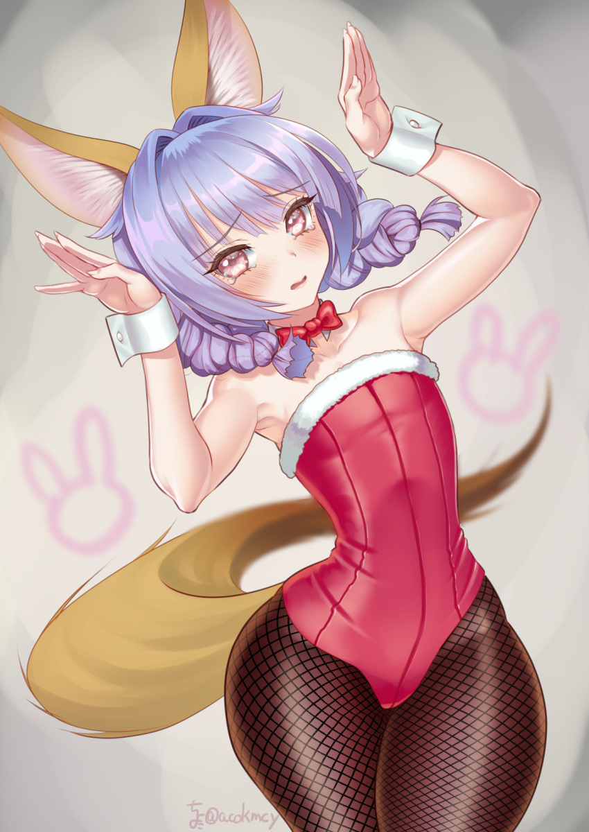 1girl animal_ear_fluff animal_ears armpits arms_up bare_shoulders black_legwear blue_hair blush bow bowtie braid brown_eyes bunny_girl bunny_pose bunnysuit commentary_request detached_collar dog_ears dog_tail elin_(tera) fishnet_legwear fishnets hair_intakes highres kumehara_chiyota leotard long_hair long_tail pantyhose red_leotard solo strapless strapless_leotard tail tears tera_online thick_thighs thighs twin_braids twintails wide_hips wrist_cuffs