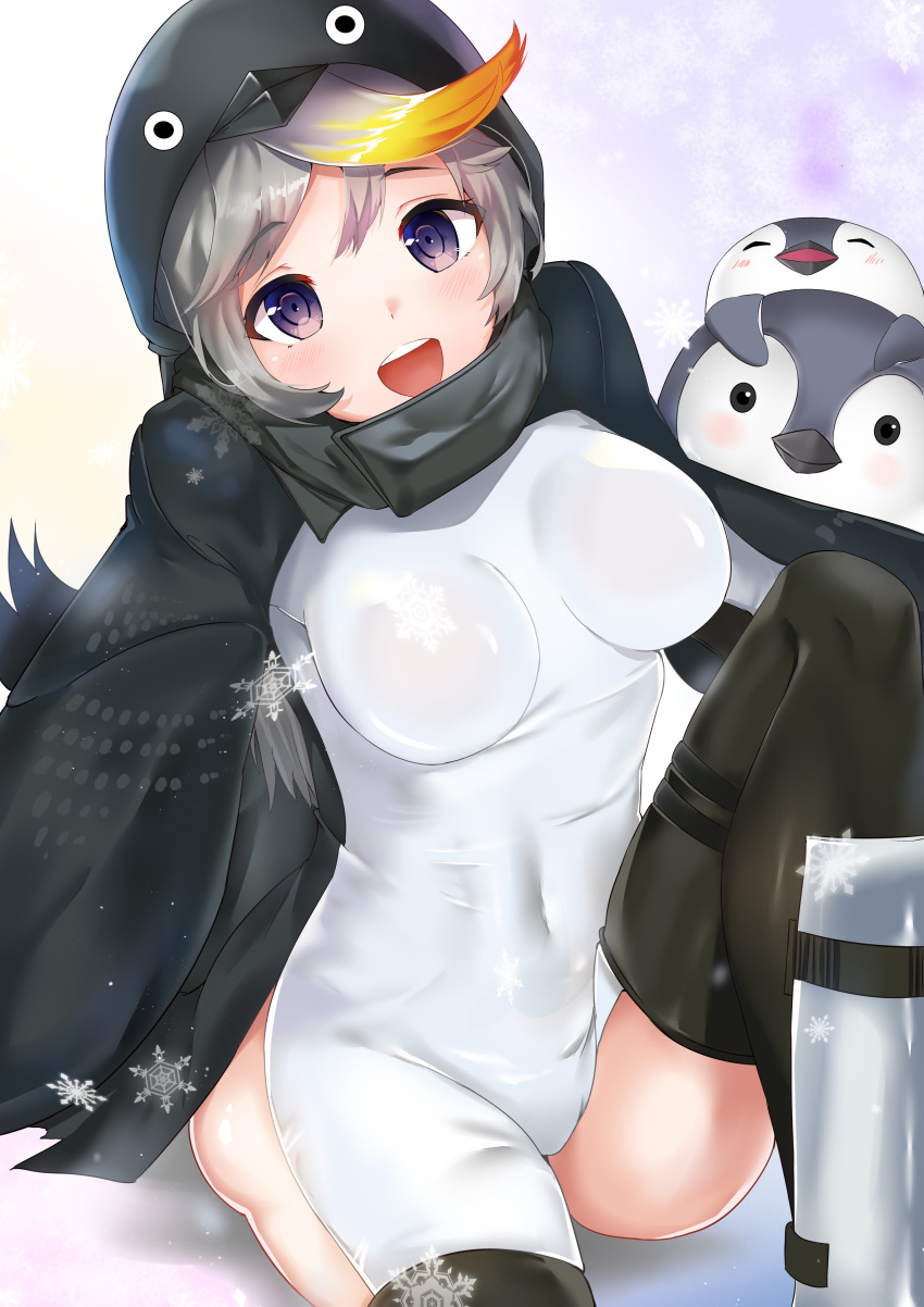 1girl absurdres animal animal_costume animal_hood bird blonde_hair blush bodysuit breasts deogho_(liujinzy9854) empress_(last_origin) grey_hair highres hood last_origin looking_at_viewer multicolored_hair open_mouth penguin penguin_costume penguin_hood skindentation smile solo violet_eyes