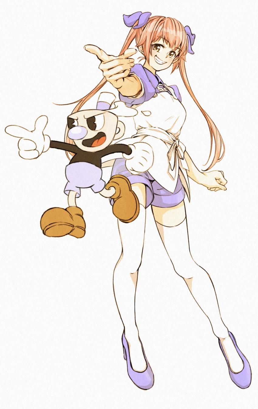 1girl blue_footwear blue_shorts bow brown_eyes brown_hair cuphead_(game) gloves hair_bow highres long_hair minoru69132859 mugman omega_rio omega_sisters pointing pointing_at_viewer shoes shorts simple_background smile standing thigh-highs twintails white_gloves white_legwear
