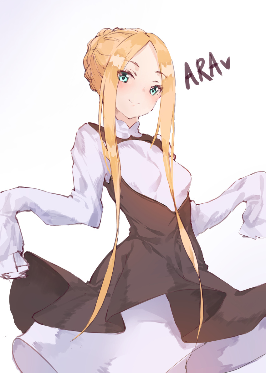 1girl abigail_williams_(fate/grand_order) absurdres bangs black_dress blonde_hair blue_eyes blush braid breasts closed_mouth commentary_request dress fate/grand_order fate_(series) forehead gradient gradient_background grey_background hami_(wjdwlsdnr112) heart heroic_spirit_festival_outfit highres korean_commentary long_hair long_sleeves parted_bangs shirt sidelocks sleeveless sleeveless_dress sleeves_past_fingers sleeves_past_wrists small_breasts smile solo very_long_hair white_background white_shirt