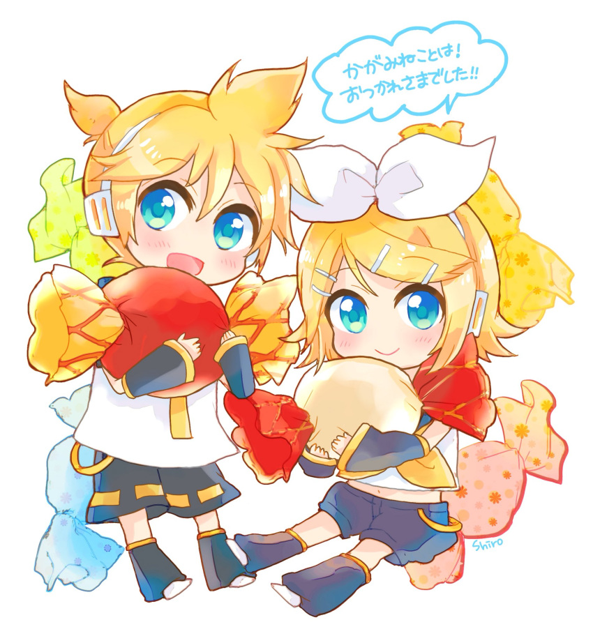 1boy 1girl bangs black_collar black_legwear black_shorts black_sleeves blonde_hair blue_eyes bow candy chibi collar crop_top detached_sleeves food hair_bow hair_ornament hairclip headphones highres holding_candy kagamine_len kagamine_rin leg_warmers light_blush looking_at_viewer neckerchief necktie oversized_food oversized_object sailor_collar school_uniform shiroro69 shirt short_hair short_ponytail short_sleeves shorts sleeveless sleeveless_shirt smile spiky_hair swept_bangs translated vocaloid white_bow white_shirt yellow_neckwear