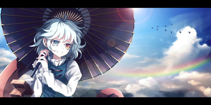 above_clouds ahoge animal bangs bird blue_eyes blue_hair blue_nails blue_sky blue_vest bobby_socks closed_eyes clouds cloudy_sky commentary_request dise frilled_shirt_collar frilled_sleeves frills geta hands_up heterochromia highres holding holding_umbrella juliet_sleeves karakasa_obake lens_flare letterboxed long_sleeves long_tongue looking_away looking_to_the_side messy_hair nail_polish oriental_umbrella popped_collar puffy_sleeves purple_umbrella rainbow red_eyes shirt short_hair sidelocks sky smile socks sun tatara_kogasa tongue tongue_out touhou umbrella upper_body v_formation vest white_shirt