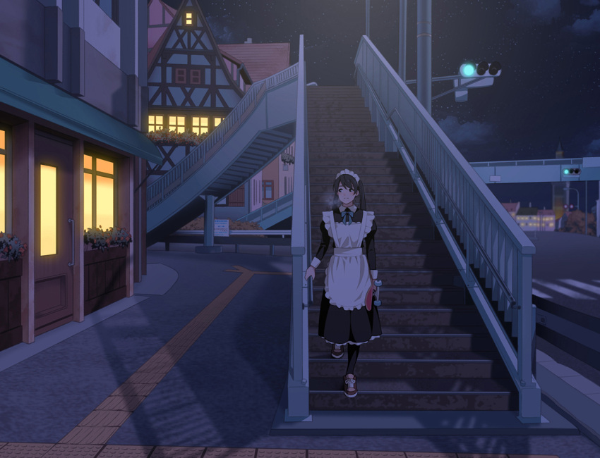 1girl apron breath commentary_request fog holding_skateboard house maid maid_apron maid_headdress night night_sky original pantyhose road shoes skateboard sky sneakers stairs star_(sky) starry_sky street suzushiro_(suzushiro333) town traffic_light twintails