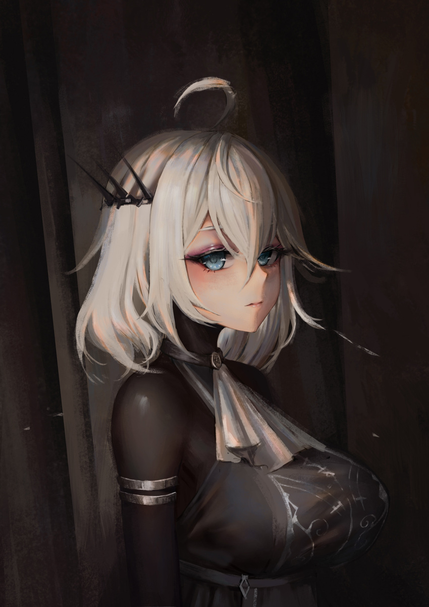 1girl ahoge armlet ascot bangs black_clothes blue_eyes breasts closed_mouth english_commentary eyebrows_behind_hair hair_between_eyes hair_ornament highres looking_at_viewer original short_hair solo upper_body white_hair yurichtofen