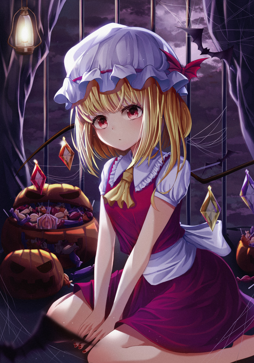 1girl absurdres ascot bangs bat blonde_hair blush bow candy commentary_request crystal eyebrows_visible_through_hair feet_out_of_frame flandre_scarlet food frilled_shirt_collar frills hat hat_bow highres huge_filesize indoors jack-o'-lantern looking_at_viewer miniskirt mob_cap nail_polish nankam night night_sky red_bow red_eyes red_nails red_skirt red_vest shirt short_hair short_sleeves sitting skirt skirt_set sky solo touhou vest wariza white_headwear white_shirt wings yellow_neckwear
