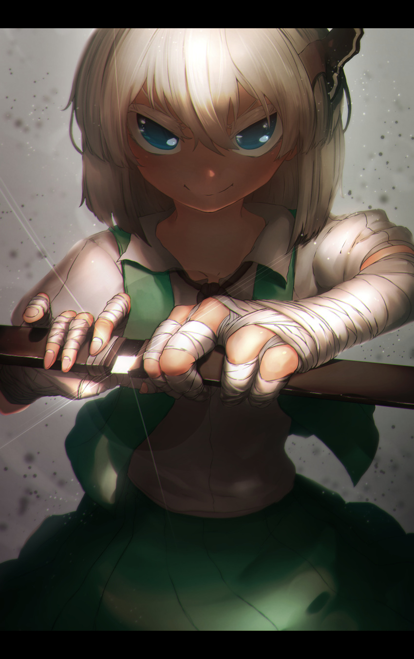 1girl absurdres bandaged_arm bandaged_fingers bandages blue_eyes eyelashes hair_between_eyes highres holding holding_sword holding_weapon katana konpaku_youmu looking_at_viewer medium_hair niwarizumu pleated_skirt sheath skirt smile solo sword touhou unsheathing vest weapon white_hair