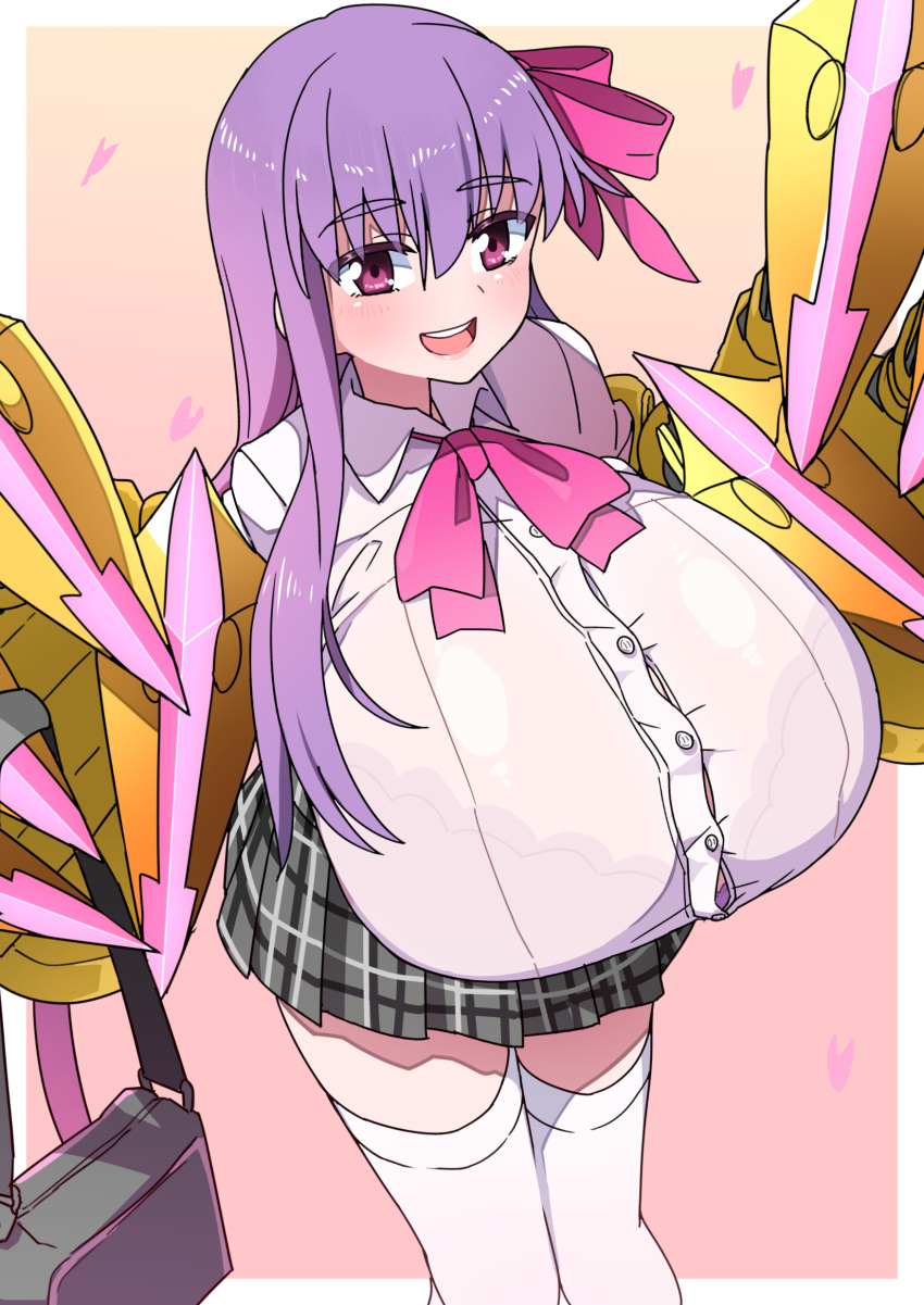 1girl absurdres akitokage01 bralines breasts claws fate/extra fate/extra_ccc fate/grand_order fate_(series) gigantic_breasts hair_ribbon highres huge_breasts long_hair looking_at_viewer passion_lip pink_eyes pink_ribbon purple_hair ribbon school_uniform see-through shirt smile solo thigh-highs wet wet_clothes wet_shirt white_legwear zettai_ryouiki